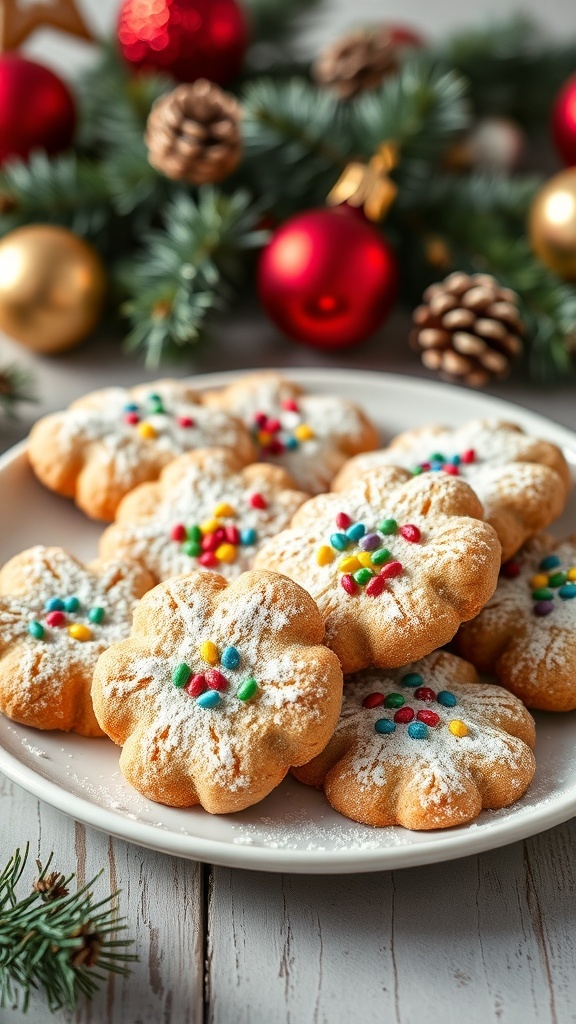 A plate of old-fashioned Christmas cookies decorated with sprinkles and powdered sugar, surrounded by festive holiday decor.